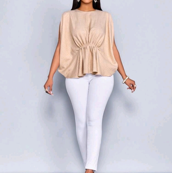 Women's Summer Vacation Solid Color Linen-Blend Simple Pleated Waist Batwing Top - Picture 2 of 4